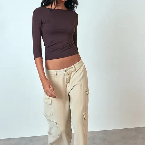 Dark Brown Matte Polyamide Three Quarter Sleeve Top
