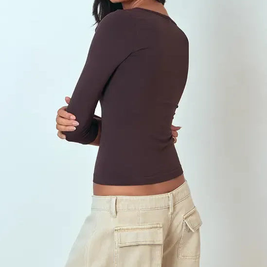 Dark Brown Matte Polyamide Three Quarter Sleeve Top