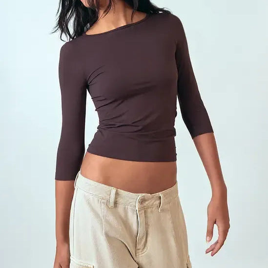 Dark Brown Matte Polyamide Three Quarter Sleeve Top