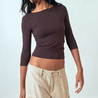 Dark Brown Matte Polyamide Three Quarter Sleeve Top