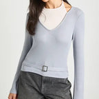 Double Layer Color Blocked Faux Backless V Neck Long Sleeve Top