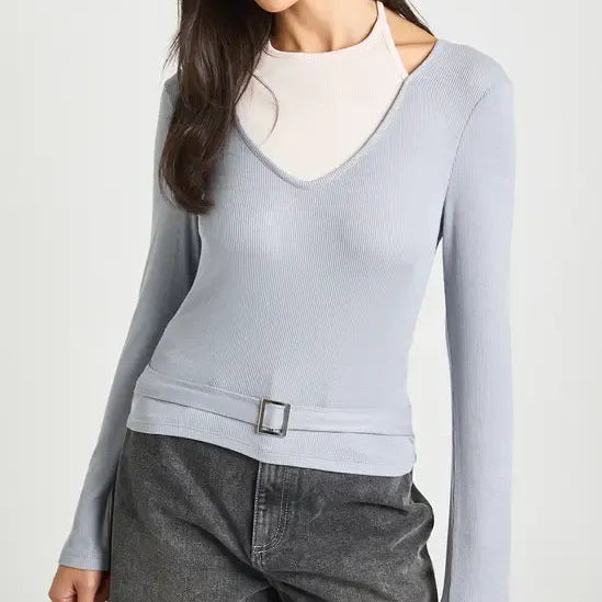Double Layer Color Blocked Faux Backless V Neck Long Sleeve Top