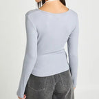 Double Layer Color Blocked Faux Backless V Neck Long Sleeve Top