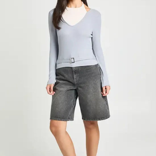 Double Layer Color Blocked Faux Backless V Neck Long Sleeve Top