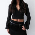 Lantern Sleeve Deep V Neck Long Sleeve Top