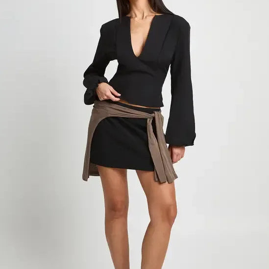 Lantern Sleeve Deep V Neck Long Sleeve Top