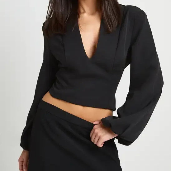 Lantern Sleeve Deep V Neck Long Sleeve Top