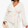 Plus Size Tie Up Striped Long Sleeve Shirt Top