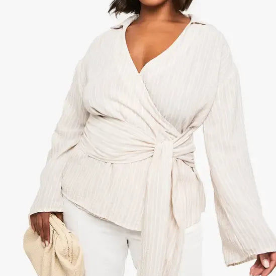 Plus Size Tie Up Striped Long Sleeve Shirt Top