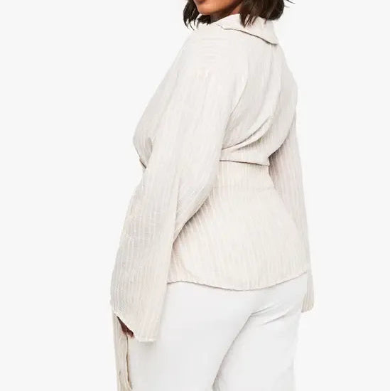 Plus Size Tie Up Striped Long Sleeve Shirt Top