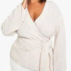 Plus Size Tie Up Striped Long Sleeve Shirt Top