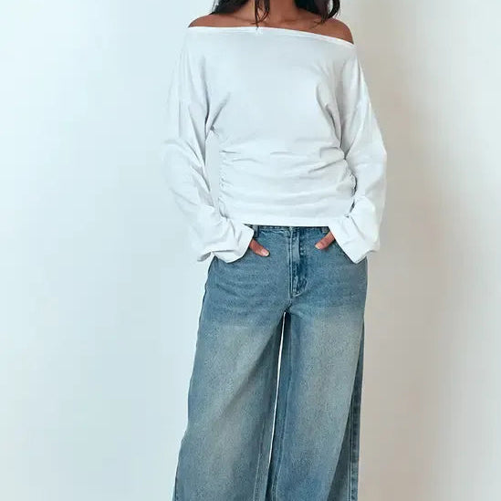 White Cotton Loose Fitting Off the Shoulder Ruffled Top