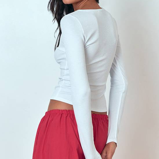 White Soft Ribbed Button Down Slim Fit Long Sleeved Top